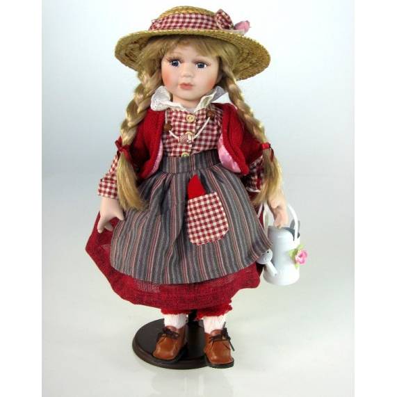 Porcelánová panenka v červených šatech s konvičkou 42cm - IntArt