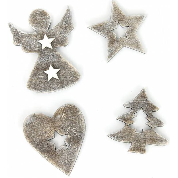 Dekorace vánoční dřevěné , barva šedo-hnědá,  mix 4 kusů v sáčku, cena za 1 sáček MO3398 Art